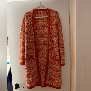 Anthropologie Moth Long Cardigan Orange and Cream Heavyweight with pockets XS